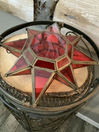 Vintage Metal And Glass Star Hanging Candle Red