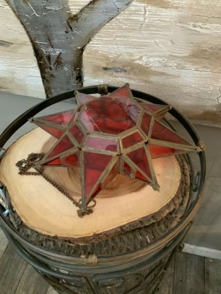 Vintage Metal And Glass Star Hanging Candle Red 2