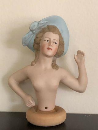 Bisque Half Doll With Blue Hat