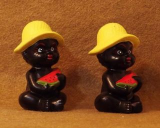 Vintage Porcelain Salt & Pepper Shakers Baby Eating Watermelon In Straw Hat 2 Pc