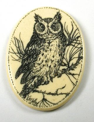 Artisan Scrimshaw Button Etched & Inked Owl In A Pine Tree Scene - 1 & 3/8 "