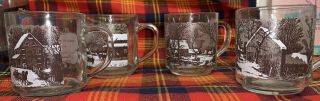 Vintage Currier & Ives Winter Scene Mugs,  Clear Glass - Set Of 4