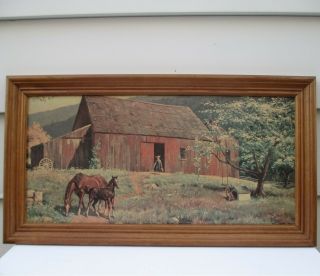 Vintage Framed Print A Day In June By Brightwell Farm Barn Horses 24 " X 12 "