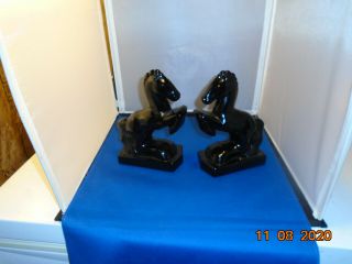 Set Of Vintage L.  E.  Smith Black Glass Rearing Horse Bookends Figurines