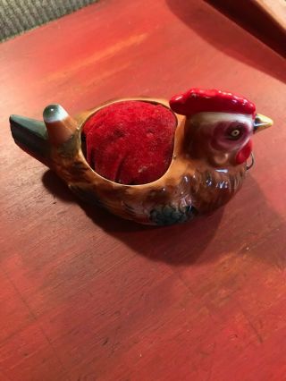 Vtg Hen Rooster Chicken Sewing Pin Cushion Tape Measure Thimble Holder Enesco