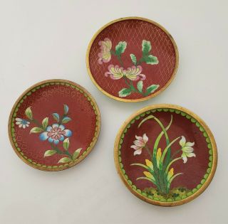Set 3 Vintage Chinese Cloisonne Enamel Dish Multi Colored Flowers 3 3/4 "