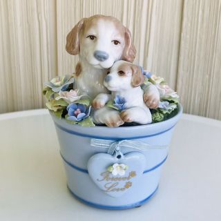 Suberto Porcelain Musical Mom Dog & Puppy Figurine Plays " Doggie In The Window "