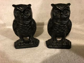 Vintage Pair Old Black Painted Cast Iron Owl Book Ends Emig 1546