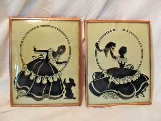 Set Of 2 Vintage Convex Bubble Glass Silhouette Pictures - Girl With Dog & Cat