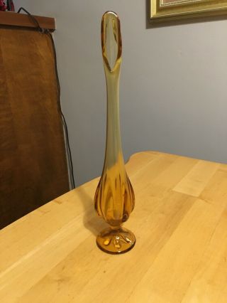 Vintage Mid Century Modern Swung Amber Glass Vase 13” X 2.  5” Euc