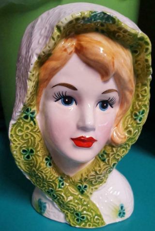 Vintage Lefton Ceramic Lady Head Vase Green Shamrock Scarf 5920 Foil Label