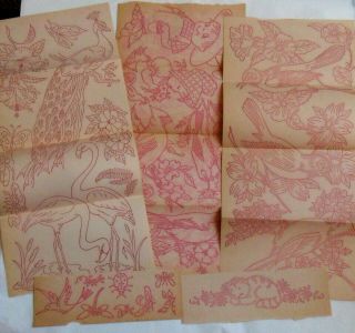 Vintage Embroidery Transfer Country Patterns Birds Peacock Animals Flowers Cat.