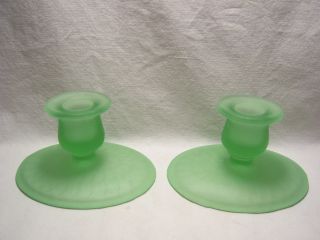 Vintage Pair Green Satin Glass Candlestick Holders W/ Art Deco Feather Design
