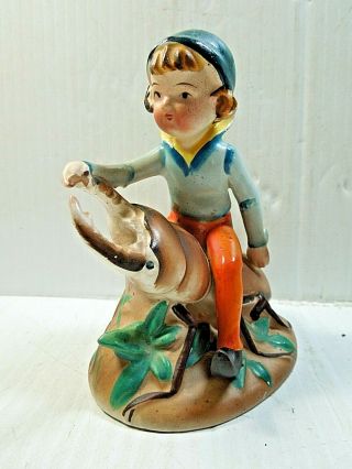 Vintage Pixie Fairy Elf Boy Riding On Beetle Figurine Made In Occupied Japan