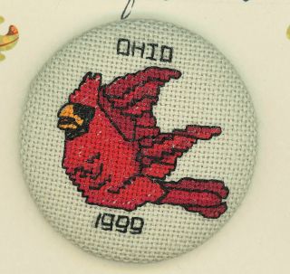 Large Cardinal Ohio State Bird Counted Cross Stitched Button Ohio 1999 2 " Dia