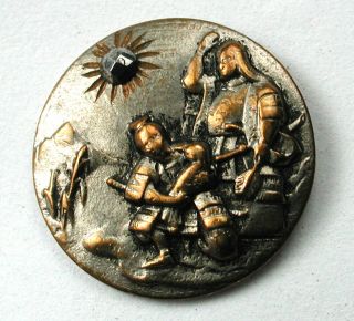 Antique Stamped Brass Button 2 Samurai With Baby & Cut Steel Sun 5/8 "
