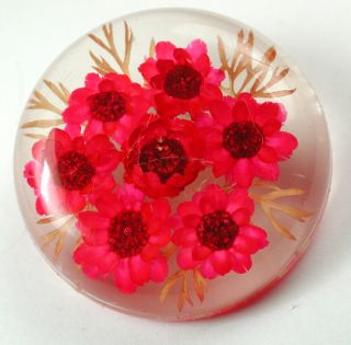 Vintage Image Under Resin Surface Button Pretty Pink Flowers Design - 1 & 1/4 "