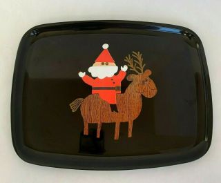 Couroc Vintage Christmas Holiday Serving Tray With Santa Claus And Reindeer