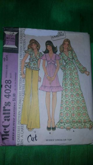 Vintage 1970s Mccalls 4028 Boho Hippie Dress Top Pattern Size 10 Bust 32.  5 " Cut