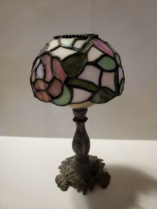 Partylite Rose Tiffany Style Stained Glass Tea Light Candle Lamp 10 Inches