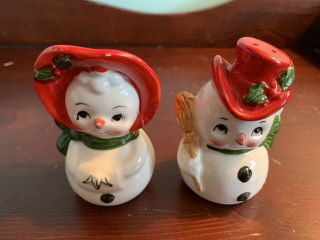 Vintage Lefton Christmas Ceramic Salt And Pepper Shakers Snowman And Snow Lady
