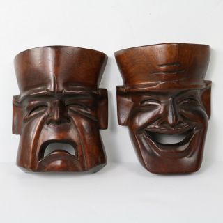 Vintage Hand Carved Wooden Comedy Tragedy Tiki Masks Wall Art