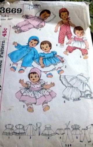 Great Vtg 1960s 20 " Doll Clothing Sewing Pattern