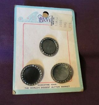 Vintage Button Card Bwg Muscatine Iowa Set 3 Metal W Faux Mother Of Pearl 3/4 "