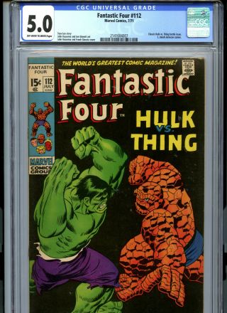 Fantastic Four 112 (1971) Marvel Cgc 5.  0 Ow/white Pages Hulk Vs.  Thing Cover