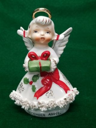 Vtg Lefton Christmas December Angel Little Girl W Gift Spaghetti Trim Figurine