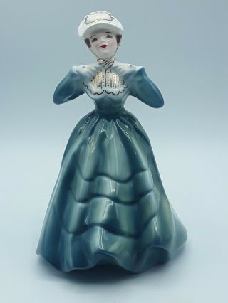 Vintage Rare Florence Ceramics Lady Figurine Teal,  White,  & Gold 8 " Tall