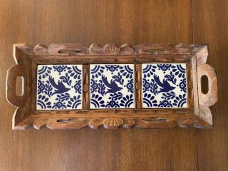 Vintage Hand Carved Wood Mexican Tile Serving Tray Blue & White Birds Rustic
