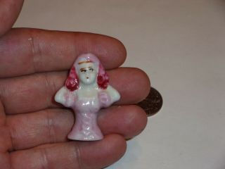 Vintage Porcelain Half Doll Pin Cushion Lady Figurine With Hat 1 5/8 " Tall