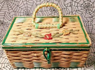 Vtg Woven Wicker Sewing Basket Box Kit Hinged Lid & Clasp Flowers Japan Green