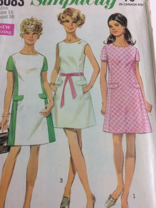 1969 Simplicity 8083 Vintage Sewing Pattern Misses Dress Size16 Bust38