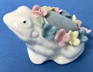 Vintage White Porcelain Figural Frog Pin Cushion Applied Flowers
