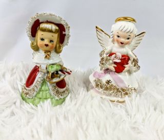2 Vtg Girls Geo Z Lefton Christmas Bell Signed & Angel Napco 1950s Figurines