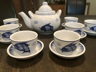 Vintage Hand Painted Blue And White Koi Fish Tea Set 18 Piece