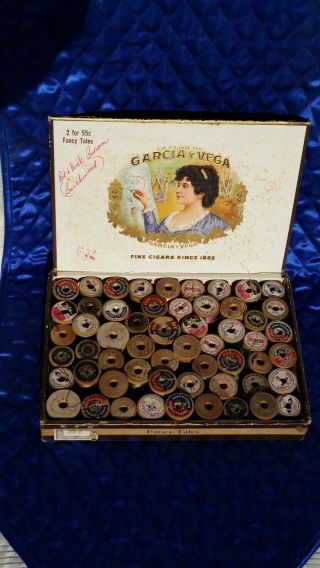 50,  Vintage Wooden Thread Spools In A Cigar Box Garcia Y Vega