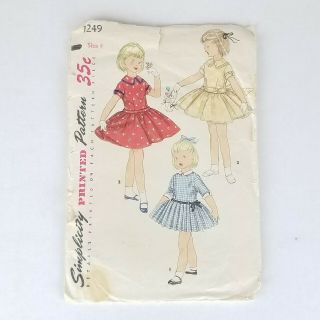1950s Vintage Simplicity Pattern 1249 Toddler Girls Dress Size 4
