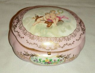 Vintage Porcelain Ceramic Handpainted Flower Trinket Box Cherubs French??