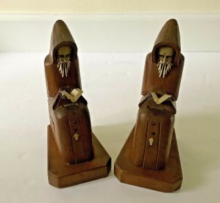 Vintage Pair (2) Wood Carved 8 " Bookends Monks / Priests Meditating