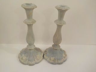 Pair Vintage Incolay Stone Blue & White Taper Candle Holders