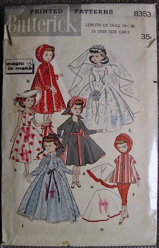 Vintage Butterick 7 Outfits For 10 1/2 " Dolls Pattern 8353