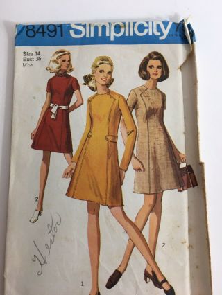 1969 Simplicity 8491 Vintage Sewing Pattern Womens Dress Size 14 2