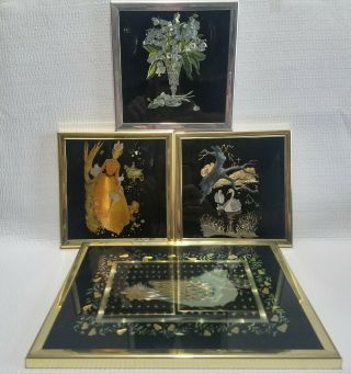 Vintage Kafka Industries Foil Art Floral Framed 6x6 Set Of 4 Lady Bird Swan Dove