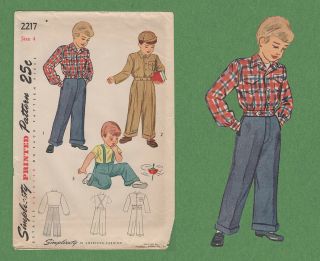 Vtg 40s 50s Sewing Pattern Simplicity 2217 Ricky Lumber Jacket Cuffed Pants 4 Ff