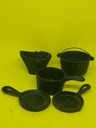 Antique Vintage Miniature Cast Pots And Pans