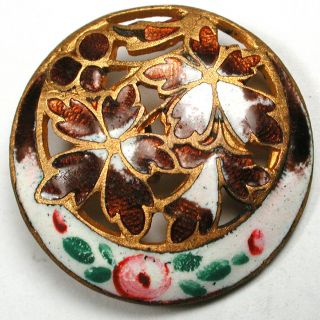 Antique French Champleve Enamel Button Crescent Flowers Pierced Design - 7/8 "