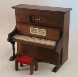Vintage George Good Musical Miniature Piano With Bench Wooden Dollhouse 1984